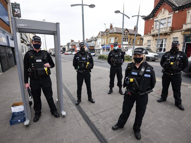 Blackpool Police officers with the knife arch on Lytham Road