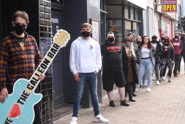 Staff and punters at The Galleon Bar in Blackpool are angry that the Arts Council have rejected the bar's application for recovery funds. Pictured is Stephen Pierre with some of the staff, performers and supporters.