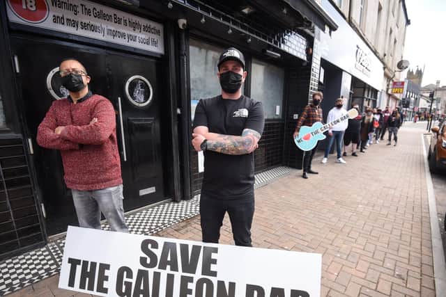 Staff and punters at The Galleon Bar in Blackpool are angry that the Arts Council have rejected the bar's application for recovery funds.  
Pictured is Stephen Pierre with some of the staff, performers and supporters.