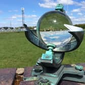 A Campbell Stokes sunshine recorder at Lancaster University’s Hazelrigg weather station. It uses a magnifying glass which burns a card when it is sunny to leave a recording. Researchers from the university say April 2021 has been the sunniest on record