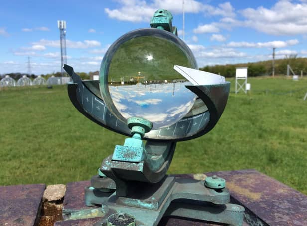 A Campbell Stokes sunshine recorder at Lancaster University’s Hazelrigg weather station. It uses a magnifying glass which burns a card when it is sunny to leave a recording. Researchers from the university say April 2021 has been the sunniest on record