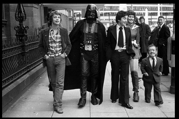 Anthony Daniels, Kenny Baker and Mark Hamill at the UK premiere of Star Wars in Manchester on January 27 1978