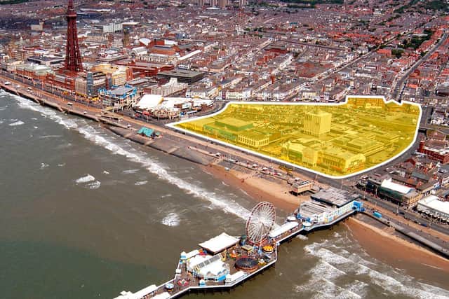 An aerial view of the site (bounded in yellow) of the proposed Blackpool Central entertainment complex.