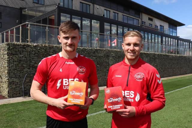 Fleetwood Town's Callum Connolly (left) and Dan Batty launch the club's partnership with The Turmeric Co.