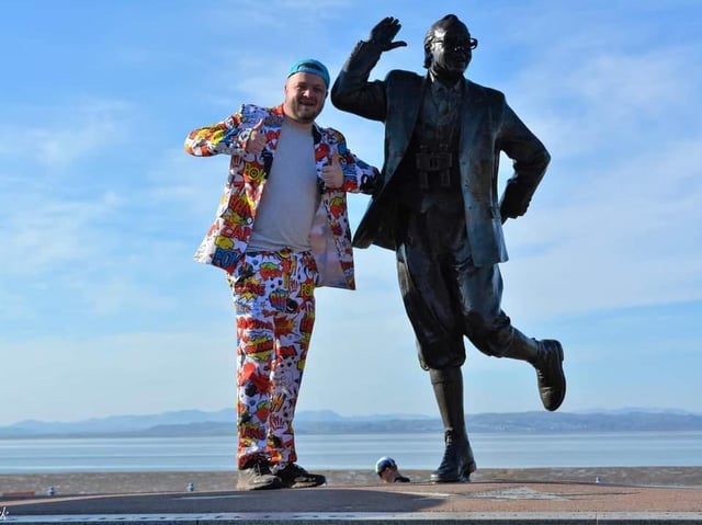 Gareth Sheppard at the Eric Morecambe statue.