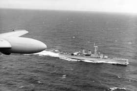 In 1973, during the Cod Wars, H. M. S. Jupiter, one of the Royal Navy frigates on patrol in the Iceland area as the Nimrod Surveillance Aircraft of Strike Command passes over the area