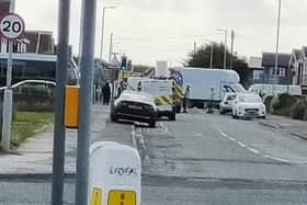 Police, fire crews and paramedics attended the crash at the Rossall Square crossing this morning (Tuesday, May 11). Picture by Daryl Gearing