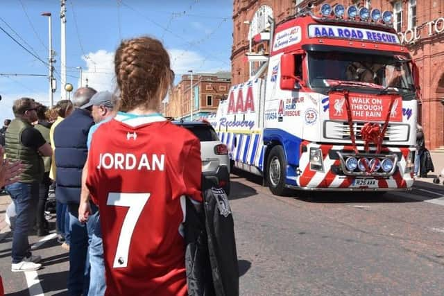 Crowds lines the streets as the convoy for Jordan took almost an hours to pass Blackpool Tower.