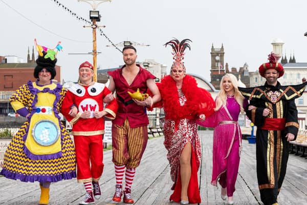 The cast of Aladdin and His Magic Ring on Blackpool North Pier.