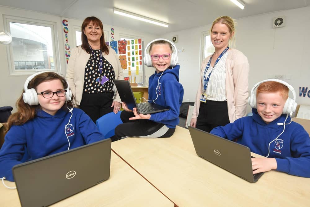 Gateway Academy headteacher Sue Robinson with KS2 phase lead Pippa Hardy, and pupils Nicola Bak, Teairra Robinson and Filip Skowron, all aged 11. Picture: Daniel Martino/JPI Media