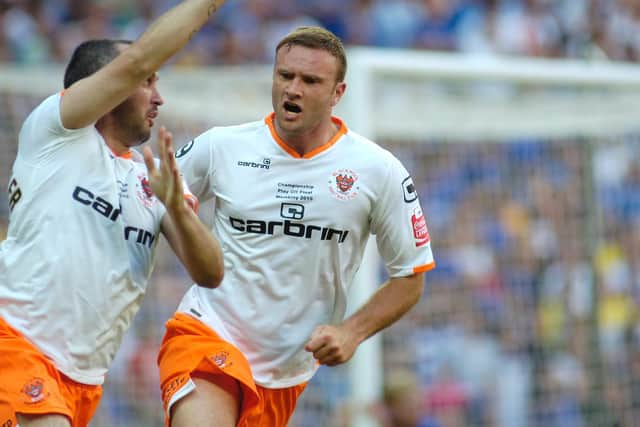 Gary Taylor-Fletcher celebrates scoring for Blackpool in the 2010 Championship play-off final