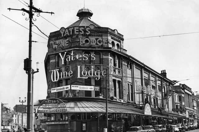 Yates's Wine Lodge, which originally opened as the Arcade and Assembly Rooms in 1868, is pictured here in 1977
