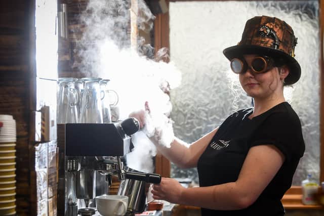 Elise Ashton in her steampunk goggles and top hat, at Cogs Cafe Bar in Lytham Road