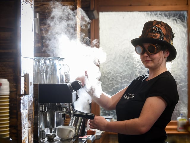 Elise Ashton in her steampunk goggles and top hat, at Cogs Cafe Bar in Lytham Road