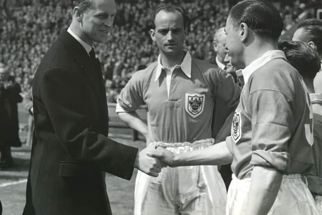 Stan Mortensen is introduced to the Duke of Edinburgh before the 1953 FA Cup final by Blackpool captain Harry Johnston