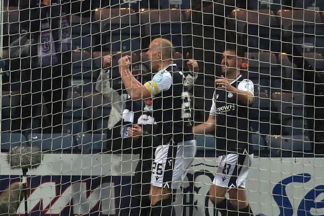 Charlie Adam scoring for Dundee in the play-off final against Kilmarnock