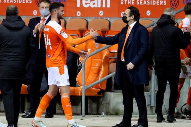 Blackpool owner Simon Sadler with Gary Madine at the end of the play-off semi-fianl against Oxford United
Photographer Paul Greenwood/CameraSport