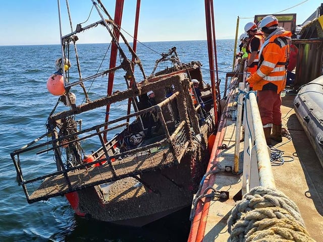 The wreck of the sunken Nicola Faith was recovered from the sea off the coast of Colwyn Bay, North Wales. (Image: MAIB)