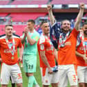 Blackpool's players celebrate their Wembley success