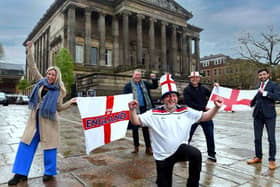 England fans are set to gather on the Flag Market - but will be socially distanced for at least the first two screenings of the team's group games (pictured:  Mike Pixton, centre, with Serena Baxter, Paul Harrison, Paul Butcher and Richard Fontana)