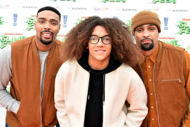 (L-R) Jordan Banjo, Perri Kiely and Ashley Banjo of Diversity attend the Nickelodoen Slimefest at Blackpool Pleasure Beach on October 19, 2019