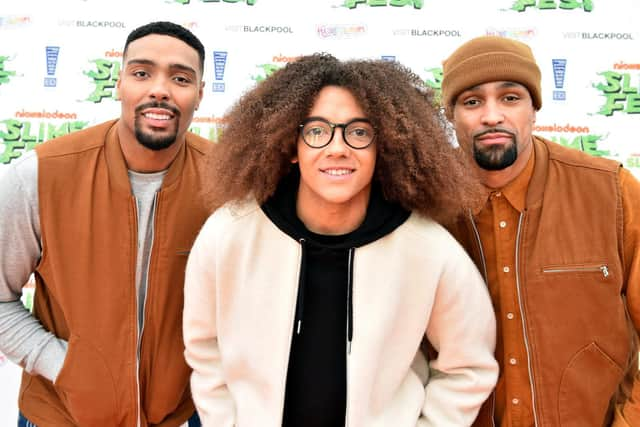 (L-R) Jordan Banjo, Perri Kiely and Ashley Banjo of Diversity attend the Nickelodoen Slimefest at Blackpool Pleasure Beach on October 19, 2019