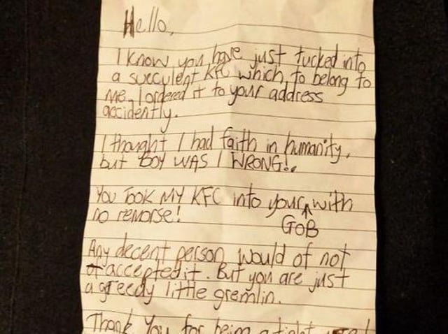 Ian Dickman said he found the handwritten note - which called him 'a greedy little gremlin' - posted through his letter box on Wednesday evening (June 9) after a delivery driver called at his home to drop off a fried chicken order addressed to his house by mistake. Pic: Ian Dickman