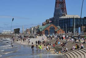 Visitors galore enjoying the sea and sands in central Blackpool.