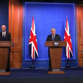 Chief Medical Officer Professor Chris Whitty, Prime Minister Boris Johnson and Chief scientific adviser Sir Patrick Vallance, during a media briefing in Downing Street, London, on coronavirus on July 14. Pic: PA