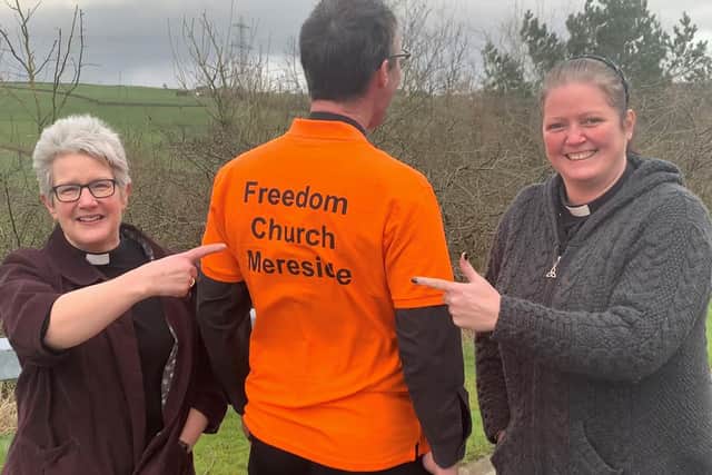 Bishop Philip preparing to set out on his marathon walk, with Rev. Linda Tomkinson from Mereside Church and Rev. Fiona Jenkins of St Bartholomew’s in Chipping