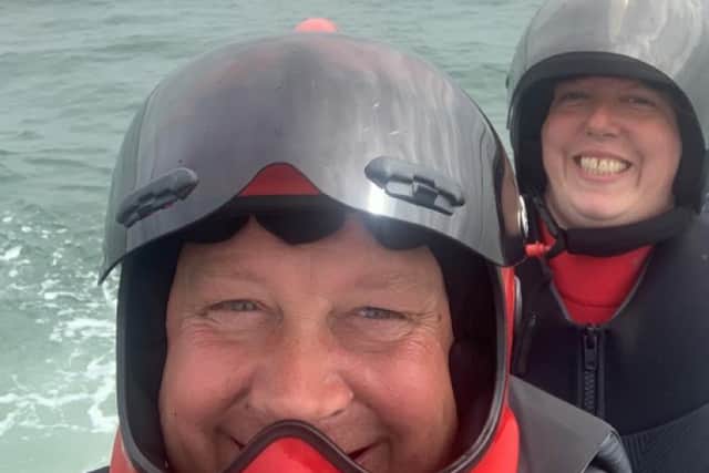 Adam Kluj andVicky Hopkinson, both 41 and from Bury, have only recently joined Blackpool Light Craft Club and had been on their first ride out along the Fylde coast on their jet ski when they were surrounded by a pod of dolphins off Starr Gate