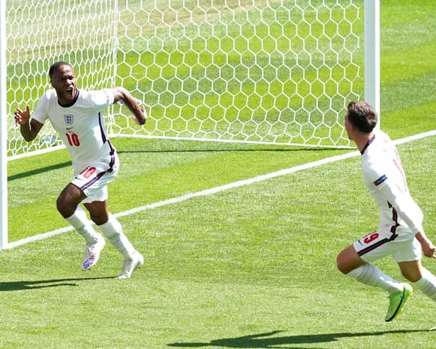 Raheem Sterling celebrates scoring England's winning goal against Croatia.