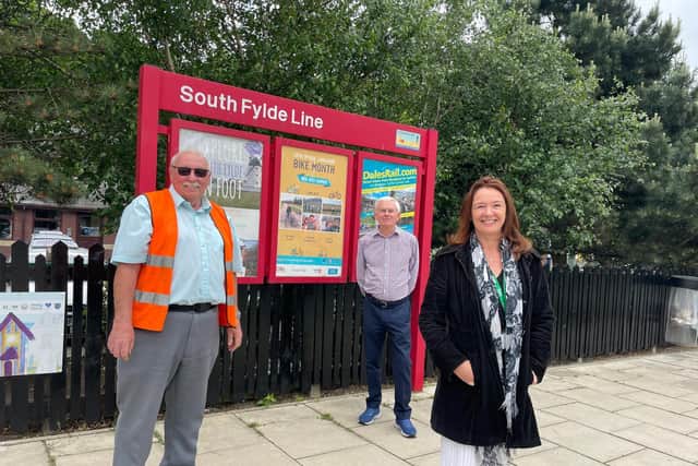 Tony Ford of the South Fylde Line Partnership (left) with Fylde and St Annes town councillor Vince Settle and Fylde Council leader Coun Karen Buckley.