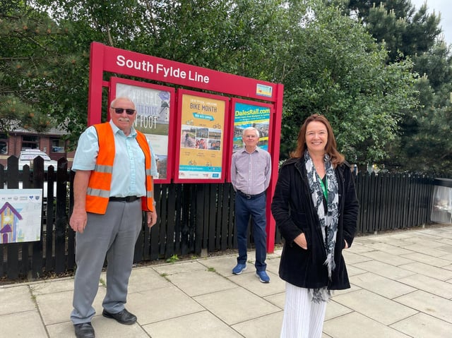 Tony Ford of the South Fylde Line Partnership (left) with Fylde and St Annes town councillor Vince Settle and Fylde Council leader Coun Karen Buckley.