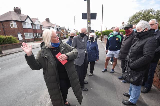 Coun Andrea Kay (left) talks to residents living off Amounderness Way about road concerns.