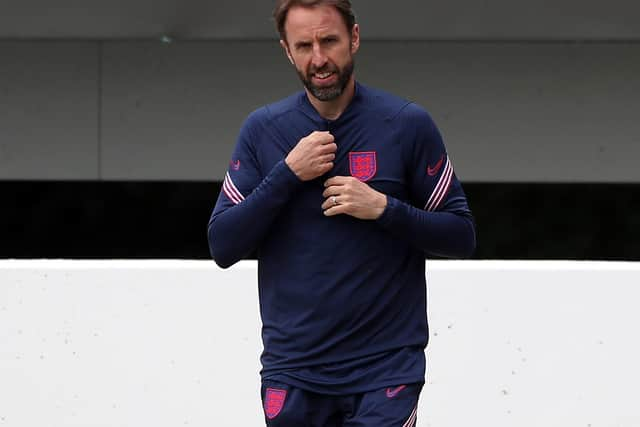 England boss Gareth Southgate conducts training at St George's Park on Thursday