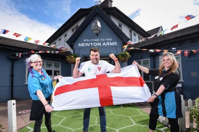 Sharon Watkins, Aaron Johnson, and Toni Travis at The Newton Arms pub ahead of England's clash with Scotland at Euro 2020 on Friday, June 18, 2021 (Picture: Dan Martino for The Gazette)