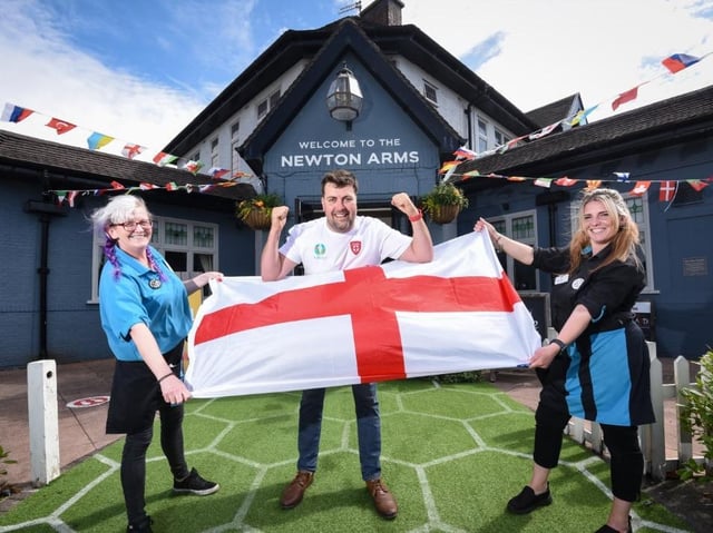 Sharon Watkins, Aaron Johnson, and Toni Travis at The Newton Arms pub ahead of England's clash with Scotland at Euro 2020 on Friday, June 18, 2021 (Picture: Dan Martino for The Gazette)