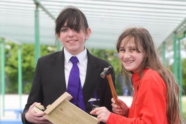 aspire Academy pupils Natasha Dyson and Jennifer Crombie work on building bird boxes for the school grounds. Picture: Daniel Martino/JPI Media