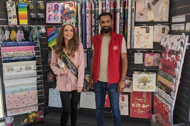 UK winner of Miss Elegance Of The World, Grace Smithen, visited Bispham post office. Pictured with postmaster Qasim Sharif.