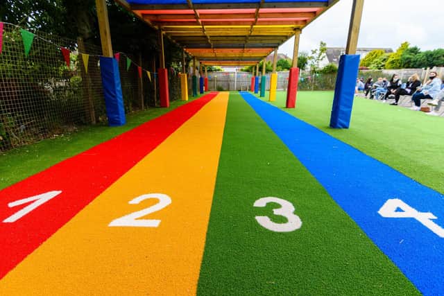 Westcliff Primary Academy's colourful new running track.  Pic: Kelvin Stuttard/JPI Media