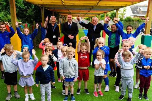 Bispham councillors Don Clapham and Paul Wilshaw open Westcliff Primary Academy's new running track, which they donated to the school with £20,000 of ward grant money. Pic: Kelvin Stuttard/JPI Media