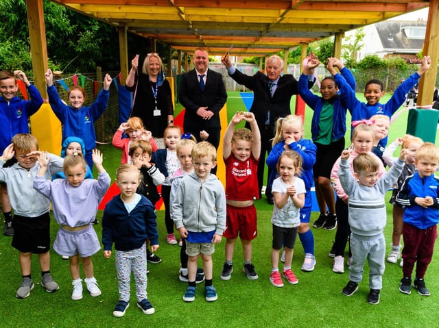 Bispham councillors Don Clapham and Paul Wilshaw open Westcliff Primary Academy's new running track, which they donated to the school with £20,000 of ward grant money. Pic: Kelvin Stuttard/JPI Media