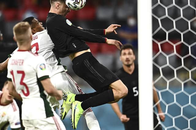 Kai Havertz of Chelsea scores Germany's first goal in the draw with Hungary which secured their Euro 2020 date with England next week
