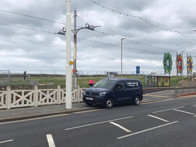 Police at the scene on the promenade at Bispham on Sunday afternoon