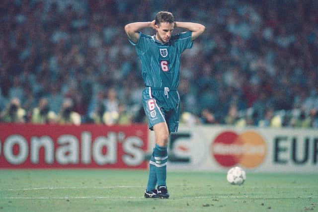 Gareth Southgate reacts after missing his penalty during the penalty shoot out in 1996