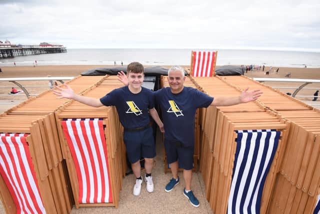 Luke Lee and Blackpool Deckchairs owner Andrew Beaumont who will be hiring the chairs for £3 a day on Blackpool beach this summer