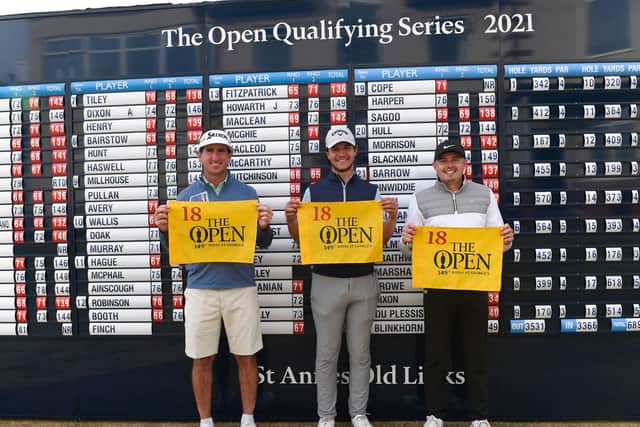 Golfers (from left) Gonzalo Fernández-Castaño, Sam Bairstow and Ben Hutchinson qualified for The Open at St Annes Old Links