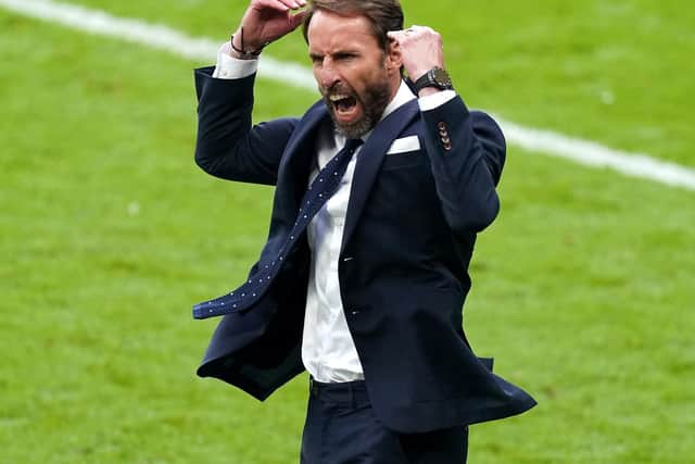 Gareth Southgate celebrates England's first victory over a German side in the knockout stages of a major tournament since the World Cup final of 1966