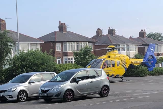 The air ambulance landed in the Pets at Home car park in Holyoake Avenue, off Plymouth Road, where medics were met by a police car that took them to the scene at Layton railway station